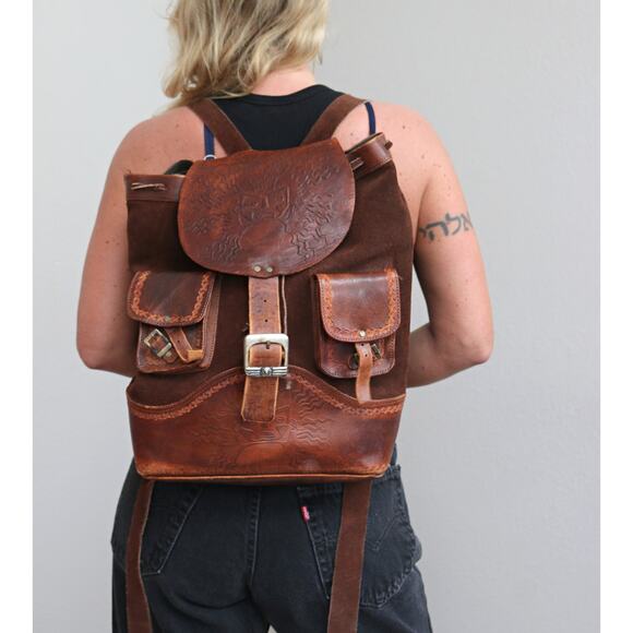 1990's Vintage Mexican Tooled Leather Suede Backpack Folk Artisan Embossed Bag - Picture 2 of 12